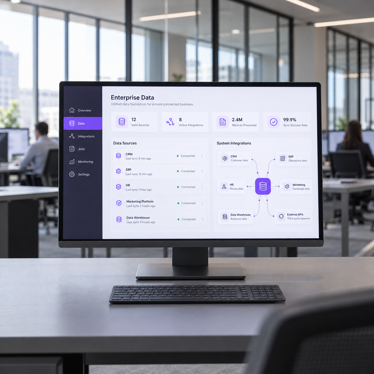 Escritório corporativo com uma estação de trabalho e interface ilustrativa de dados e integração de sistemas